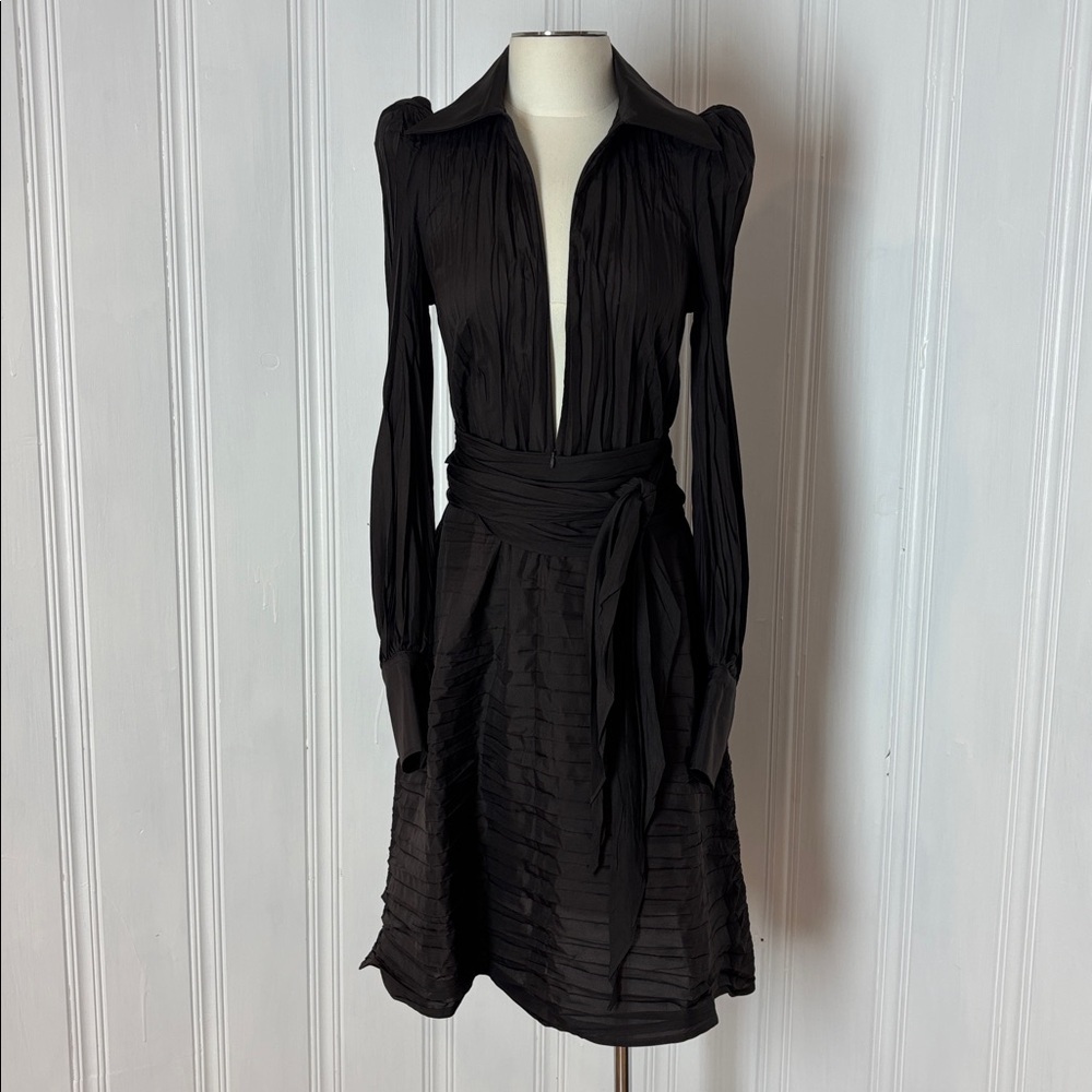 MARIE SAINT PIERRE Dramatic Pleated Chocolate Brown Designer Dress (Size 1)